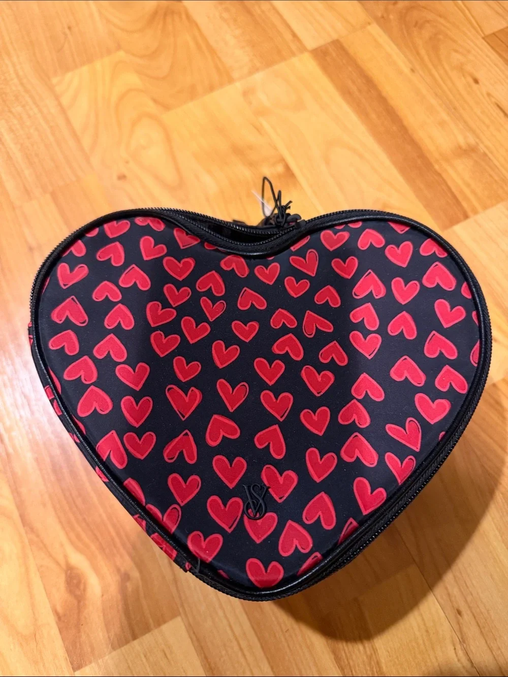 Victoria's Secret Black Heart-Shaped Cosmetic Case with Red Heart Print